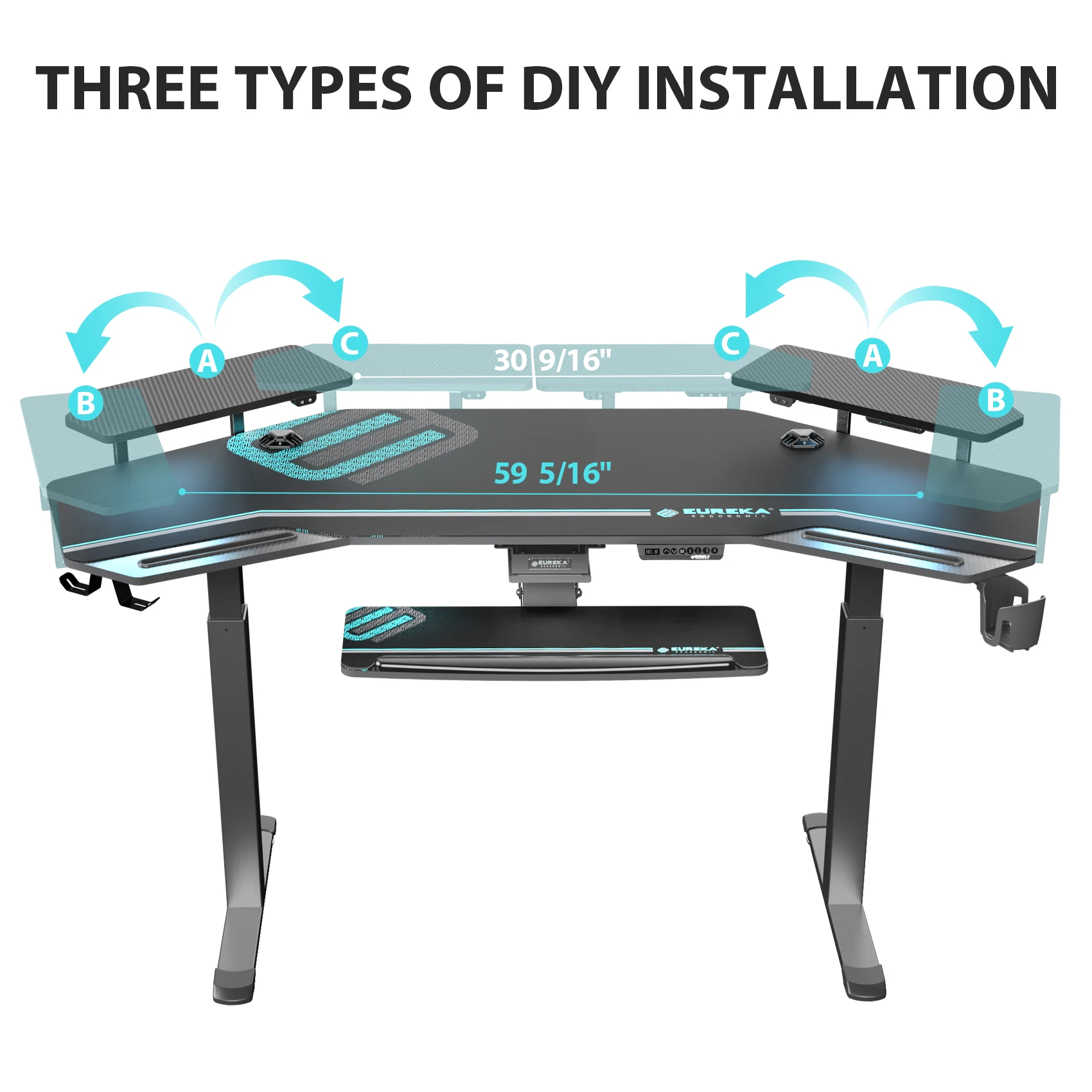 72' Electric Standing Desk Keyboard Tray, Large Wing Shaped Studio Music Gaming Streaming Desk,  with LED Convertible Shelves