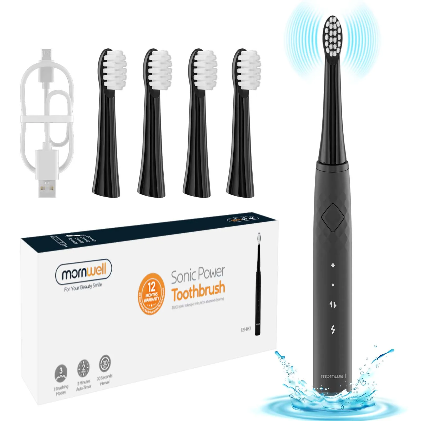 Mornwell Black IPX7 Waterproof 4 Replaceable Brush Heads Teeth Whitening Rechargeable Sonic Electric Toothbrush for Adult
