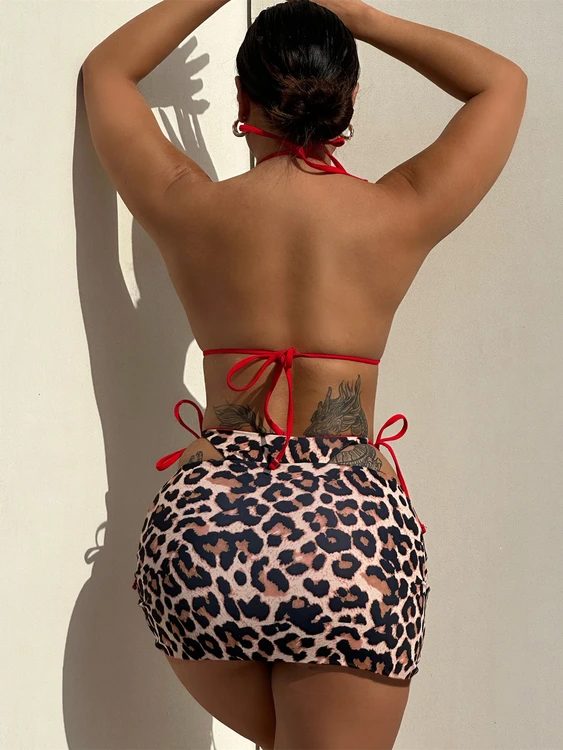 Wholesale Cheetah Double Lined Tie Side Seamless Leopard Printed Bikini Cheeky 3 Piece Swimwear Beach Skirt