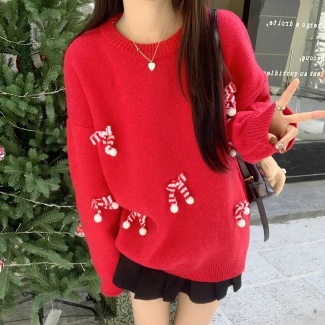 Custom OEM and ODM Winter Christmas color scheme Fashion loose casual knitted sweater  for women