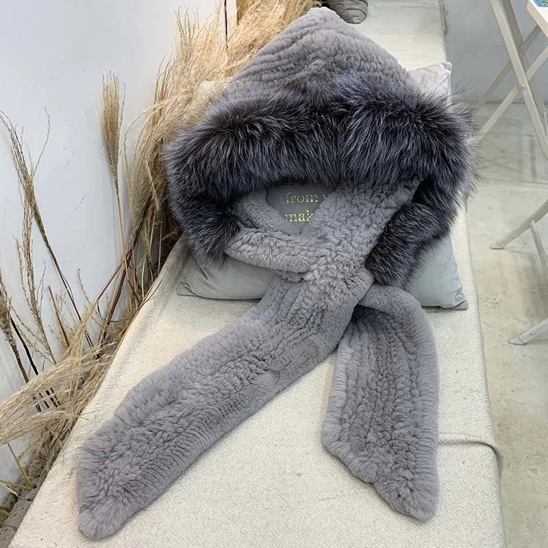 High Quality Winter fur hats for women Luxury Rex Rabbit Fur Scarf Warm Hat Natural Soft Fluffy Windproof hat and scarf set