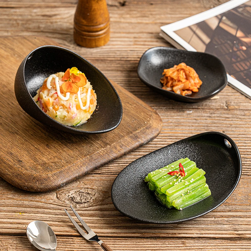 Nordic Irregular Black Clay Cast Iron Look Black Dinner Plate Dessert Serving Dish Restaurant Ceramic Unique Plates