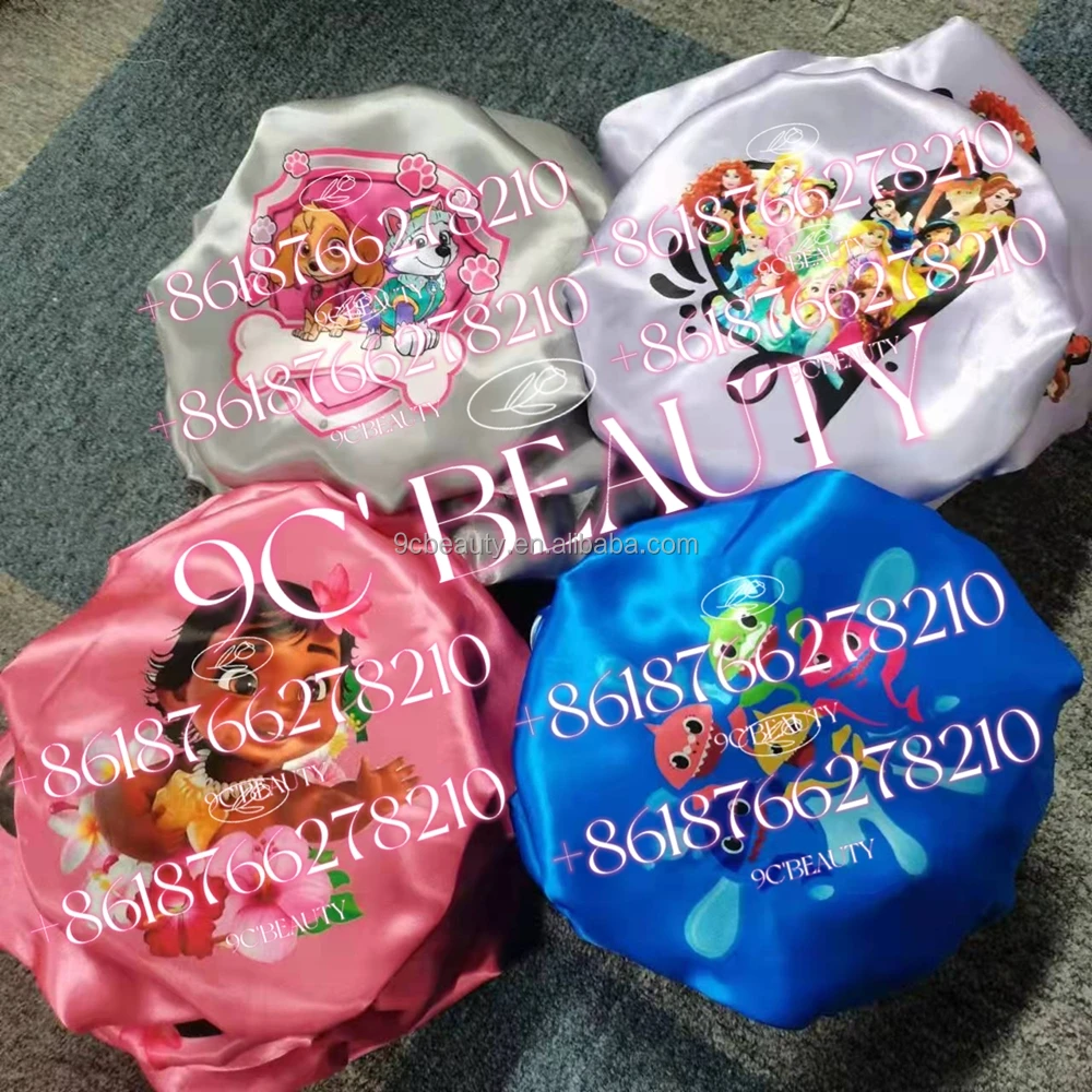 100 cartoon patterns Cute lace Double layer custom satin wholesale kids baby bonnets silk