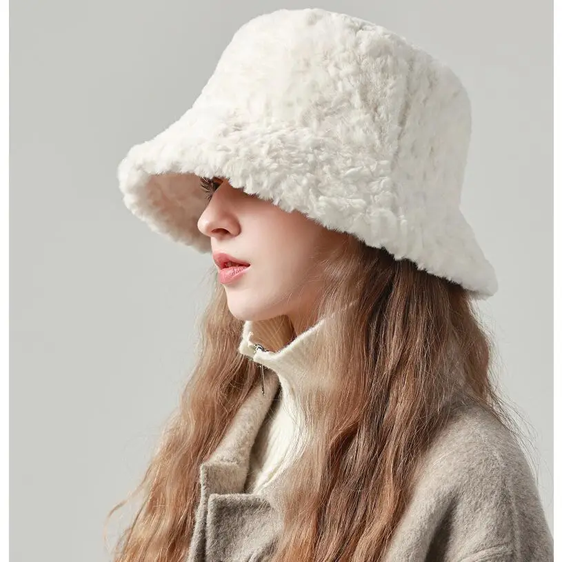 Women Large Size 60CM Fuzzy Solid Faux Fur Bucket Hat Plush Party Warm Soft White Fox Fur Winter Hat
