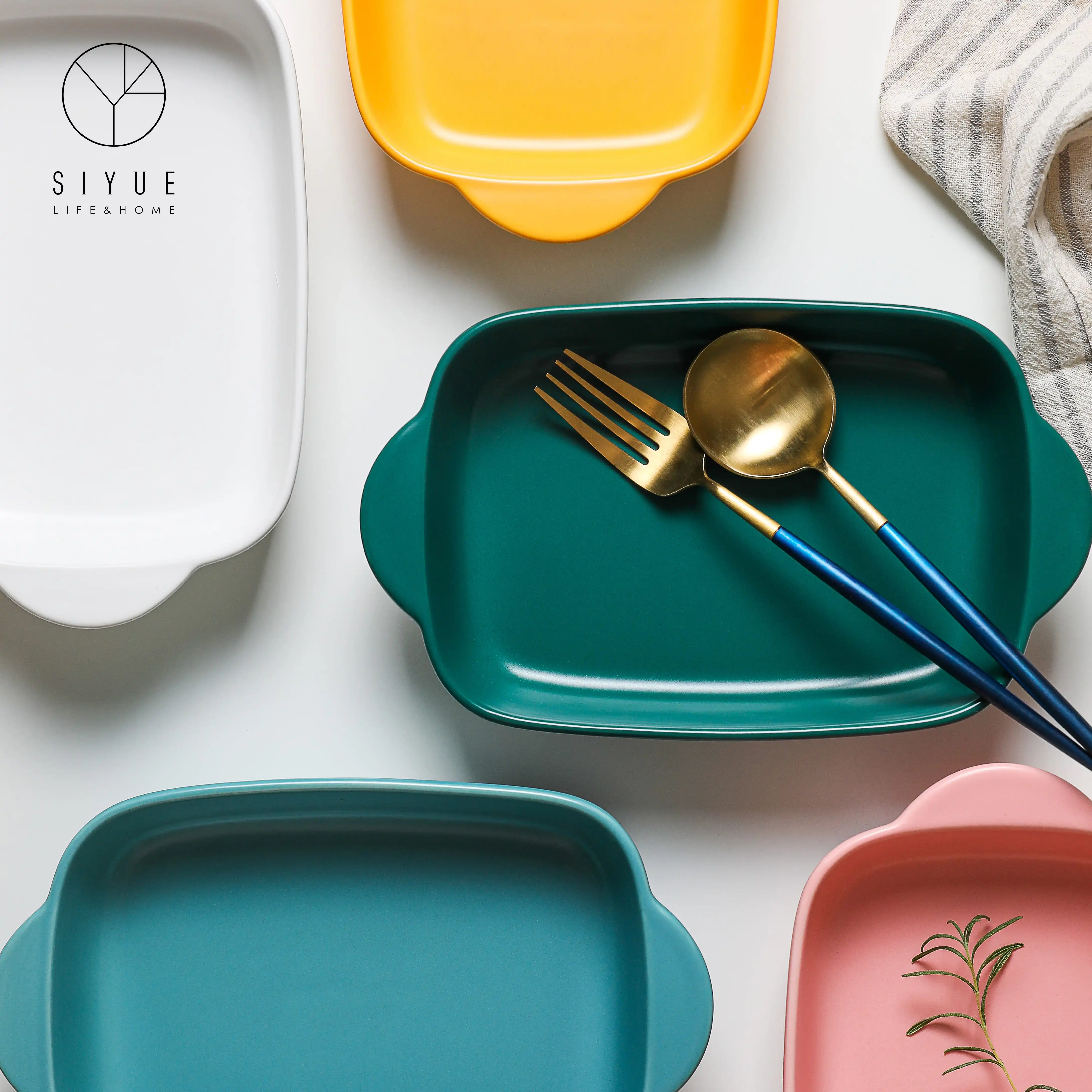 Nordic Handle Oven Porcelain Ceramic Bakeware Baking Plate Dishes & Pans Rectangle With Heat-Resistant For Cake Dinner 1436