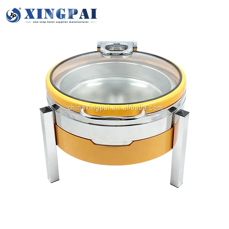 XINGPAI Catering Equipment Buffet Round Chafing Dish Delux Silver Yellow Chafing Dish Buffet Food Warmer With Glass Visible Lid