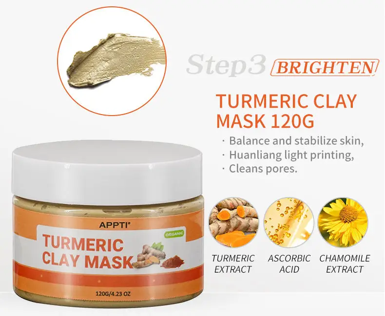 100% Pure Natural Organic facial skin care turmeric clay mask turmeric vitamin c clay mask
