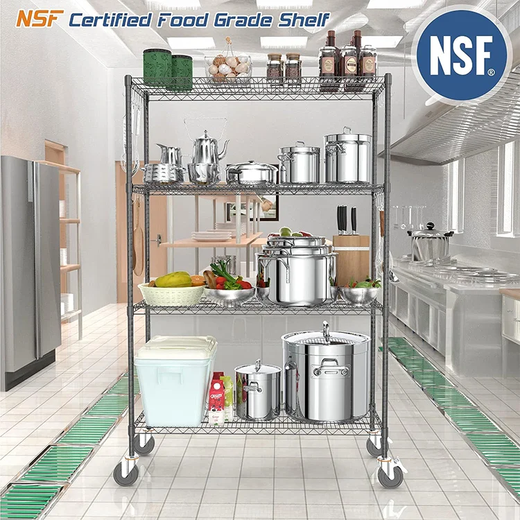High Quality Durable 4 Tier Black Chrome Wire Mesh Shelves Shelving With Wheels