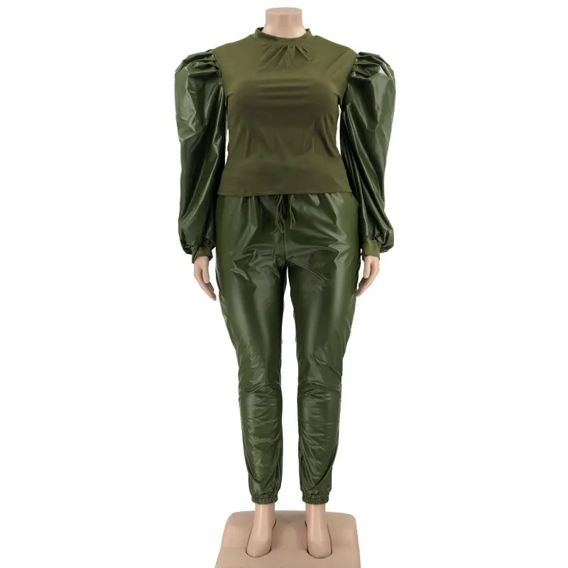 Модные трендовые женские комплекты больших размеров из искусственной кожи с рукавами-фонариками