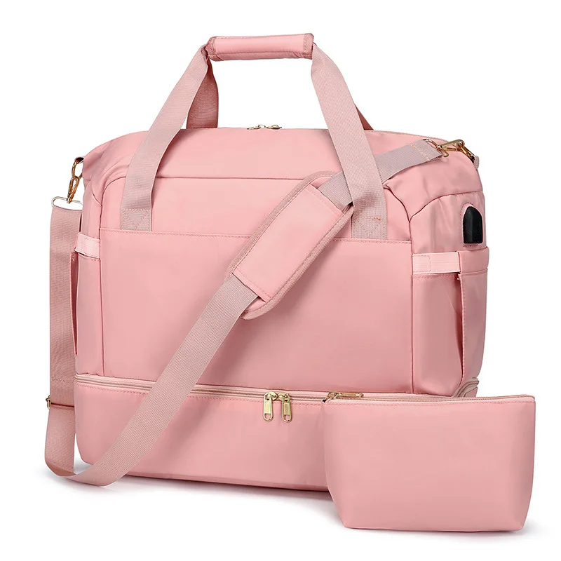 HR647 Fitness Bag for Women with USB Interface Nylon Dry Wet Separation Training Leisure Bag with Adjustable Pull Rod Travel Bag