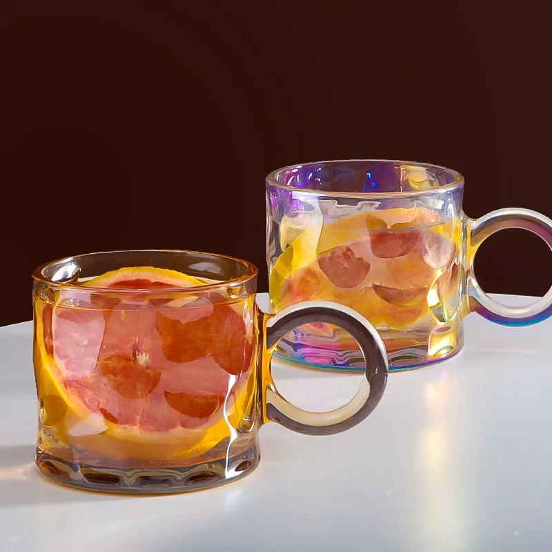 Heat Resistant Glass Mug 400ml 13oz Clear Rainbow Amber Grey Heavy Cup with Big Ringed Handle Milk Coffee Breakfast Glass Cup