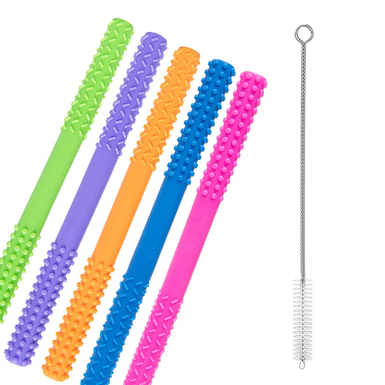 Amazon Hot Sale Baby Teethers Silicone Toys Hollow Baby Straw Silicone Teething Tubes With Brush