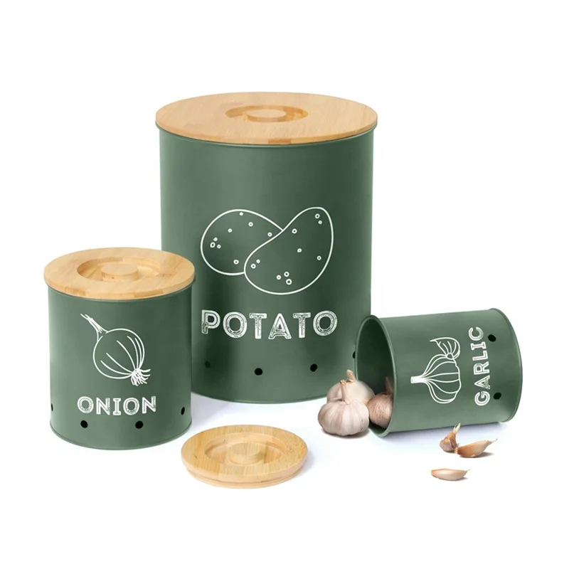 Round Metal Potato Onion Garlic Sets Storage Container Can Potato Canister For Kitchen With Bamboo Lid