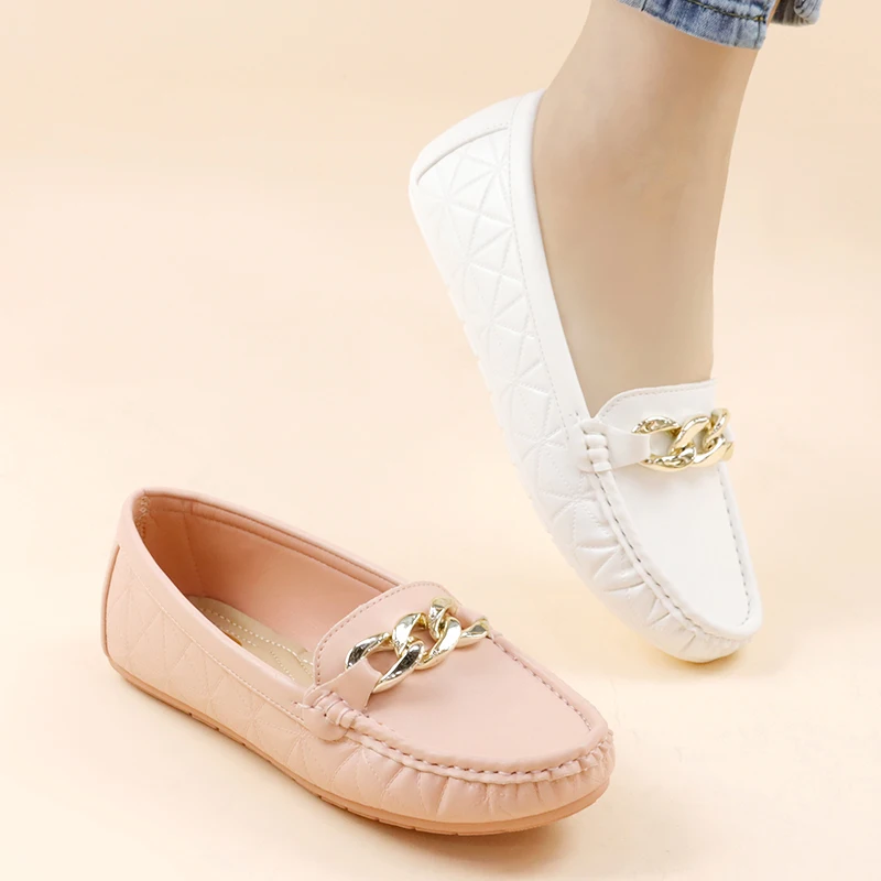New Ballet Flats Loafer Woman Shoes Ladies Casual Leather Chain Buckle Decorated Round Toe Soft Sole Wave Pattern Comfort Shoes