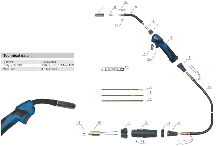High Quality 15AK Gas Cooled  Mig Welding Torch with Euro Adapter for Welding
