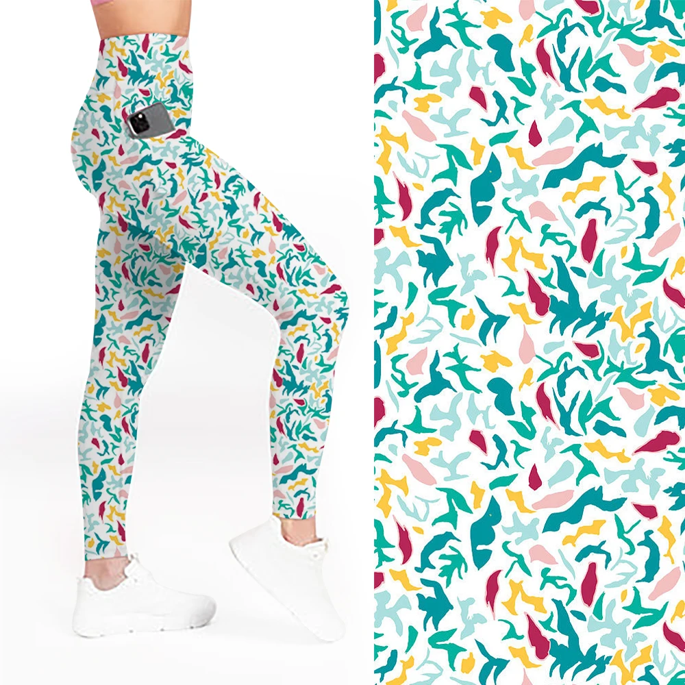 Custom floral print High Waist Sports Leggings Ribbed Yoga Pants Gym Leggings for girls with pocket