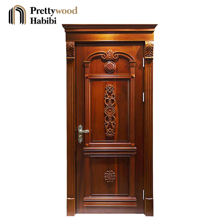 Prettywood Villas Exterior Custom Design Main Entrance Carved Timber Solid Wooden Doors