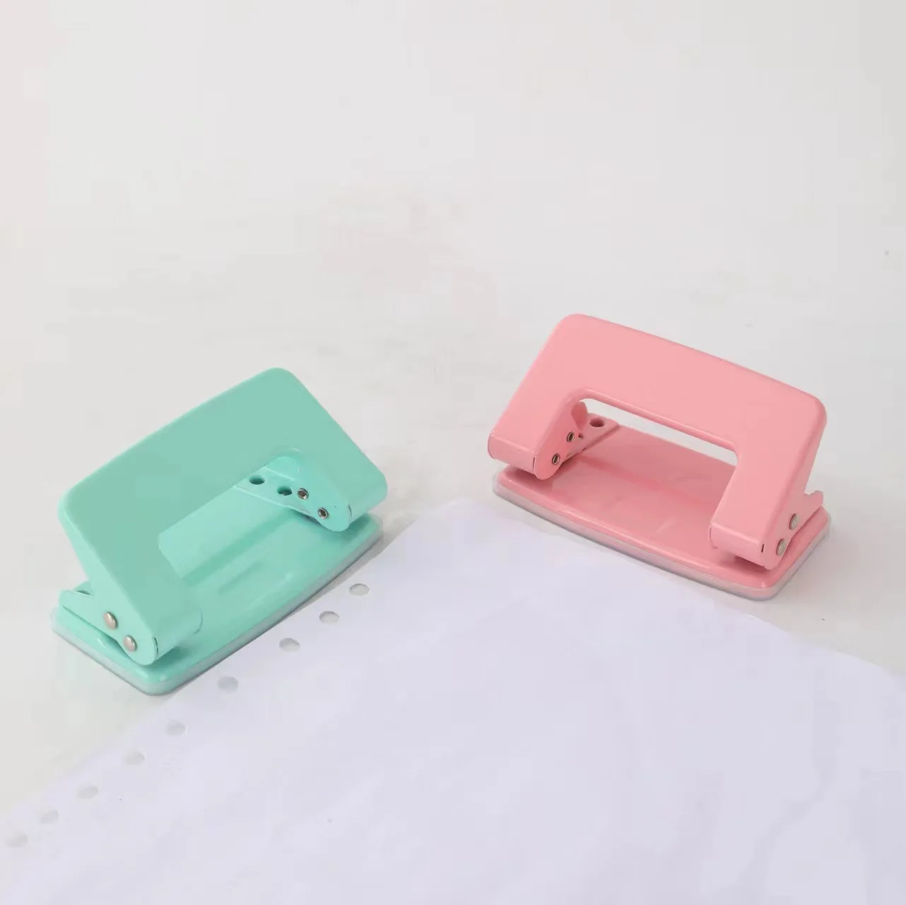 Macaron Color 10 Sheet Two Hole Reinforced Metallic Hole Punch with Waste Container Wholesale Manufacturer for School and Office