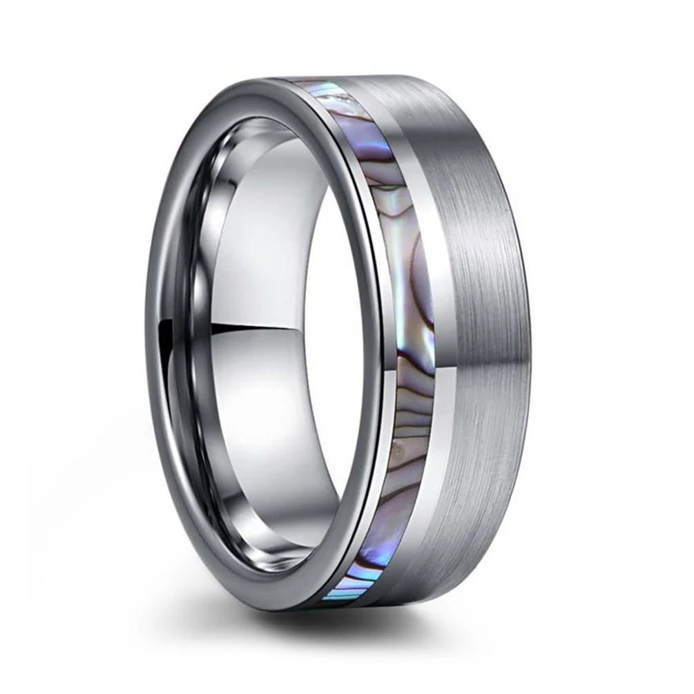 China Wholesale 8MM Silver Color Brushed Matt Surface Polish Inside Inlay Abalone Opal Mens Tungsten Carbide Rings