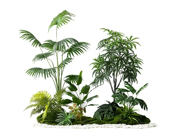 Combination Style Artificial Grass Bonsai Tree Set for Home Wall Decor Including  Palm and Plastic Plant Pot