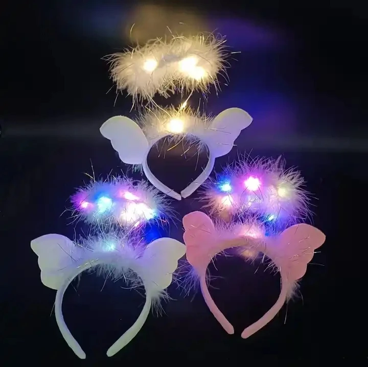 Wholesale Bridesmaid Wedding Party Show Girls LED Light Angle fur Headband Women Toy Plush Flashing Wing LED Headband Headpiece