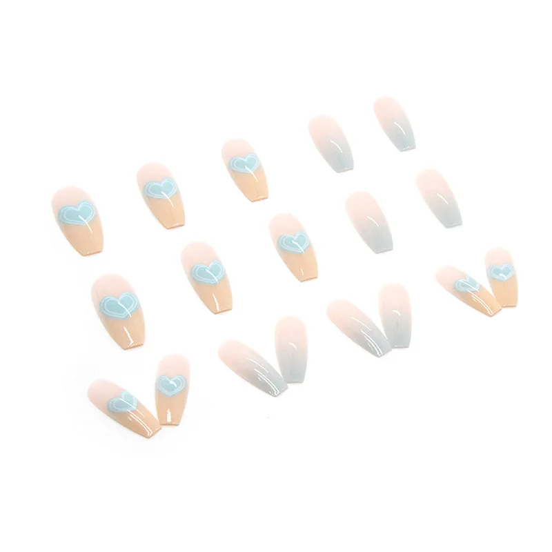 OEM New 3D Blue Heart Design Long Coffin Press On False Nails Full Cover Ins Ballerina Artificial Fingernails