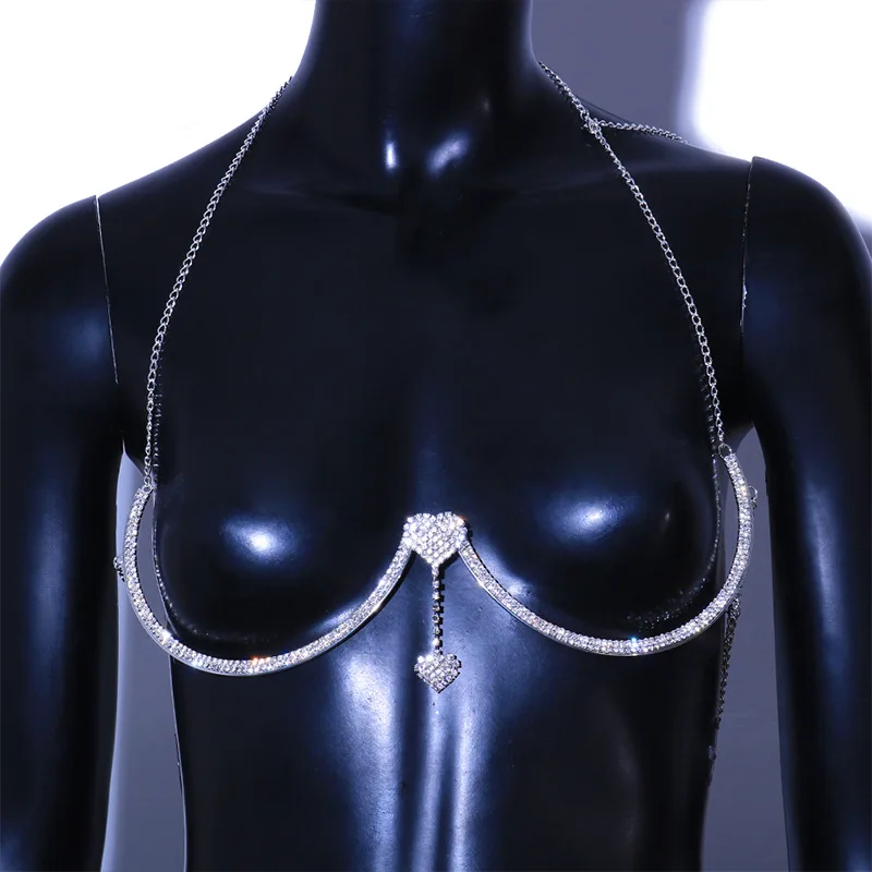 Hot Selling Double Heart Pendant Chest Bracket Chain Fashion Women Crystal Rhinestone Heart Bra Chain Body Jewelry