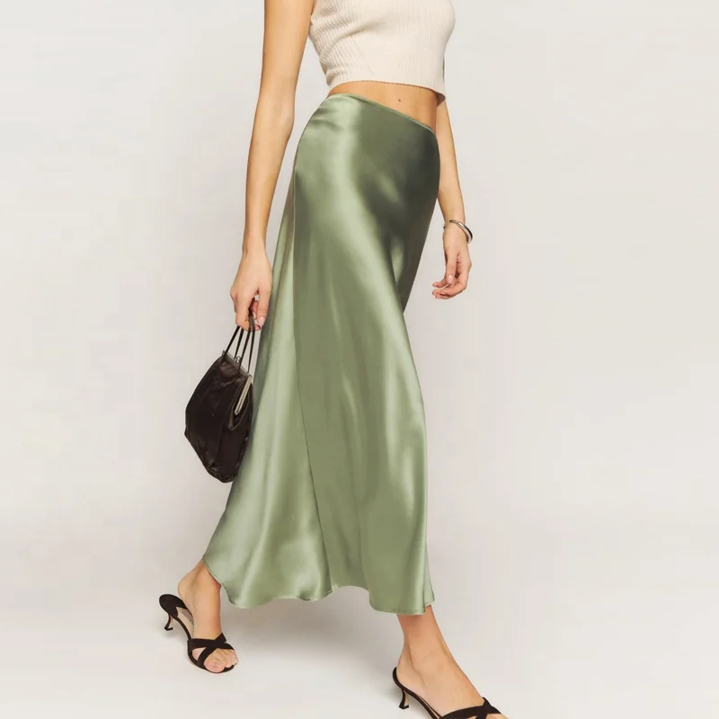 Custom Lady Elegant High Waist Satin Silk Long Wrap Maxi Skirts For Women