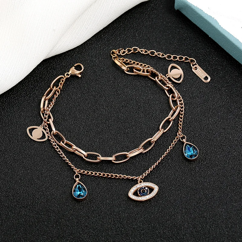 Fashion Gold Plated Double Layer Water Drop Sapphire Turkish Eyes Bracelet Stainless Steel Crystal Evil Eyes Charm Bracelet