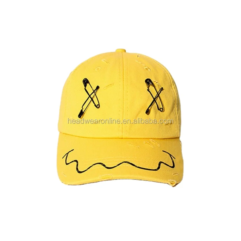 Custom Embroidery Personality Smile Face Distressed Sport Cap Fashion Baseball Cap With Metal Pin for men and women