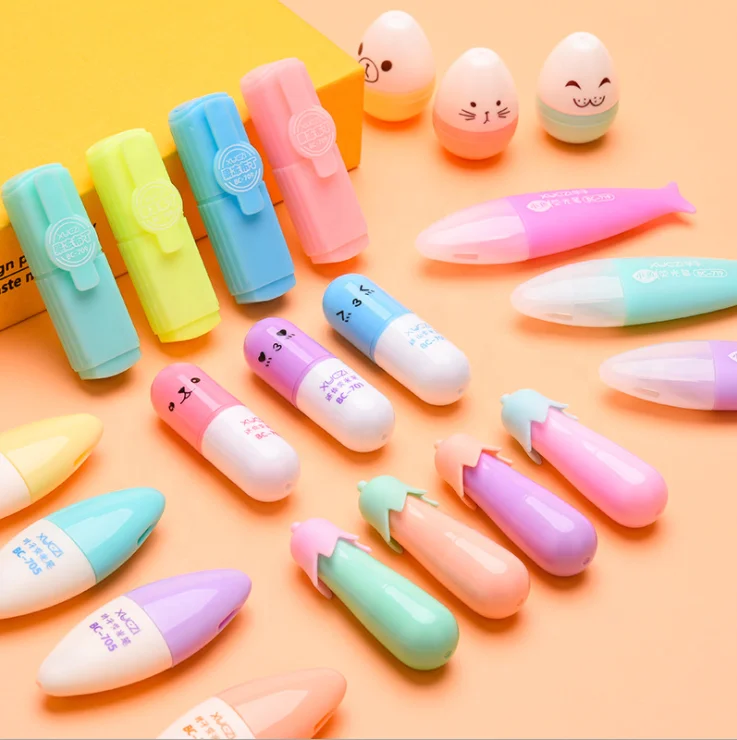
6 In 1 Promotional Pill Shape Marker Pens Vegetables Fruit Shape Highlight Pen Cute Mini Multi-color Highlighter 