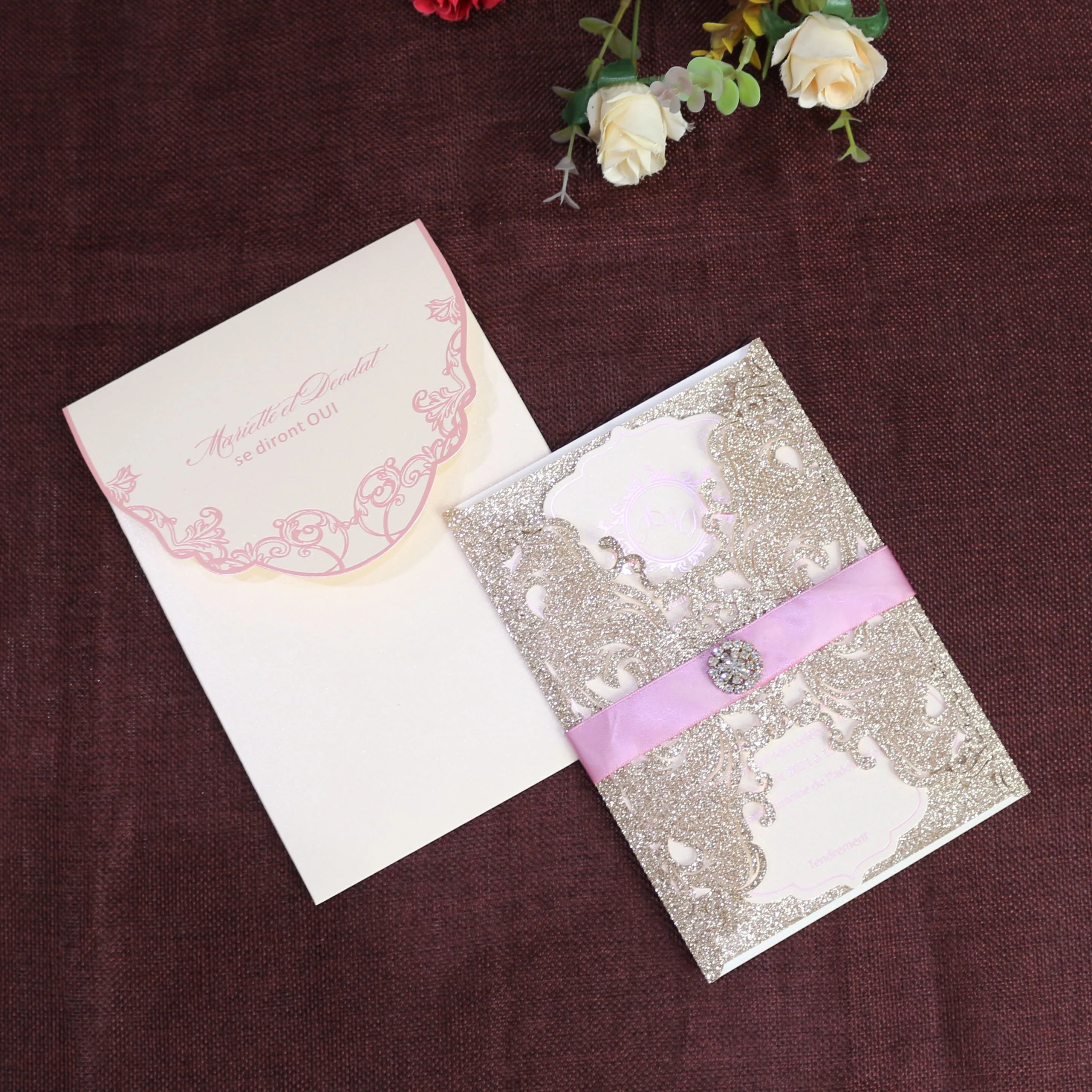 Costom Luxury Laser Cut Wedding Invitations with Buckle RSVP cards birthday invitation cards wishing well cards