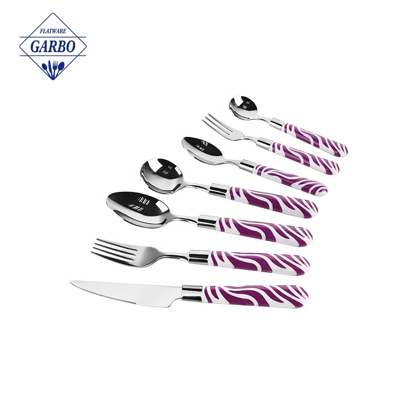 24pcs gift cheap 13/0 silver stainless steel cutlery flatware set dinner eating tool with customized colored PP plastic handle