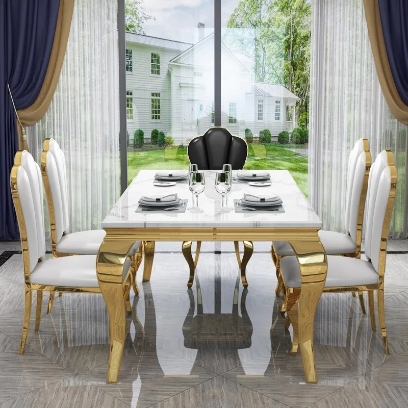 Home Kitchen Dining Room Hotel Cafe Restaurant Rectangle Stainless Steel Leg Marble Stone Top 4 Dinning Table And Chairs Set