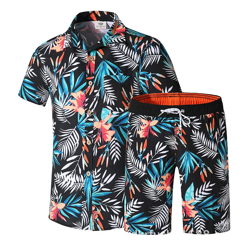 Wholesale sublimation summer casual two piece sets short sleeve button beach shirt and board shorts mens Hawaiian beach shirts