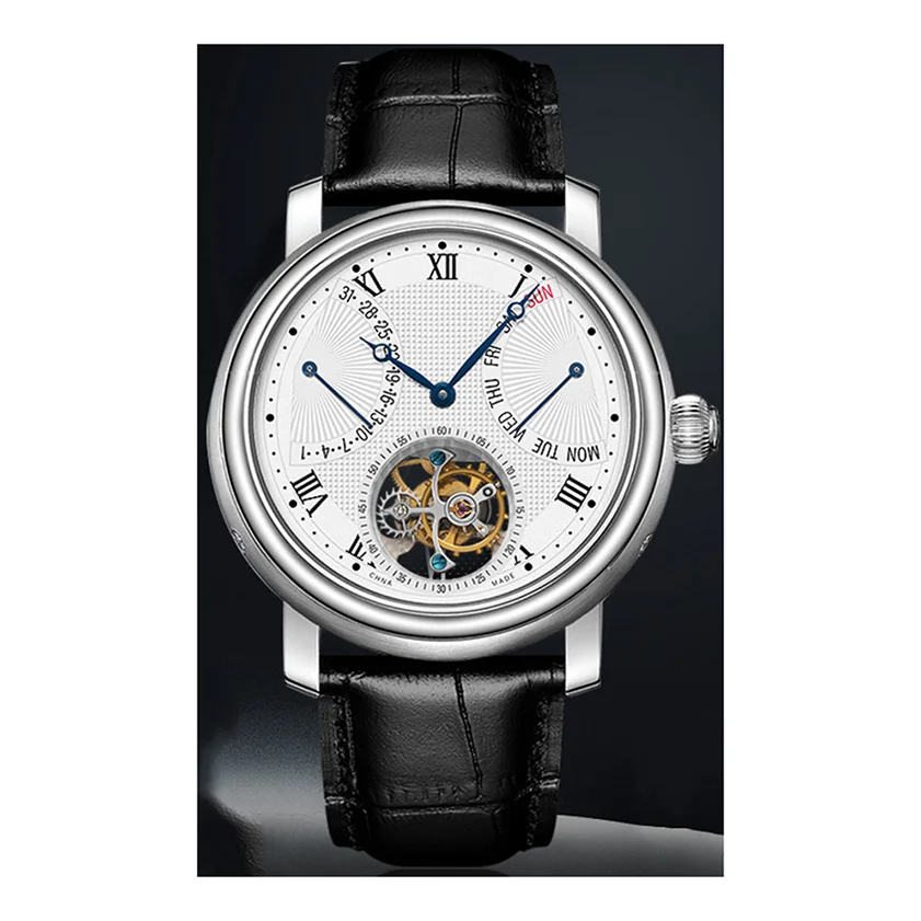Negotiable custom high-end double calendar tourbillon movement men business mechanical watch