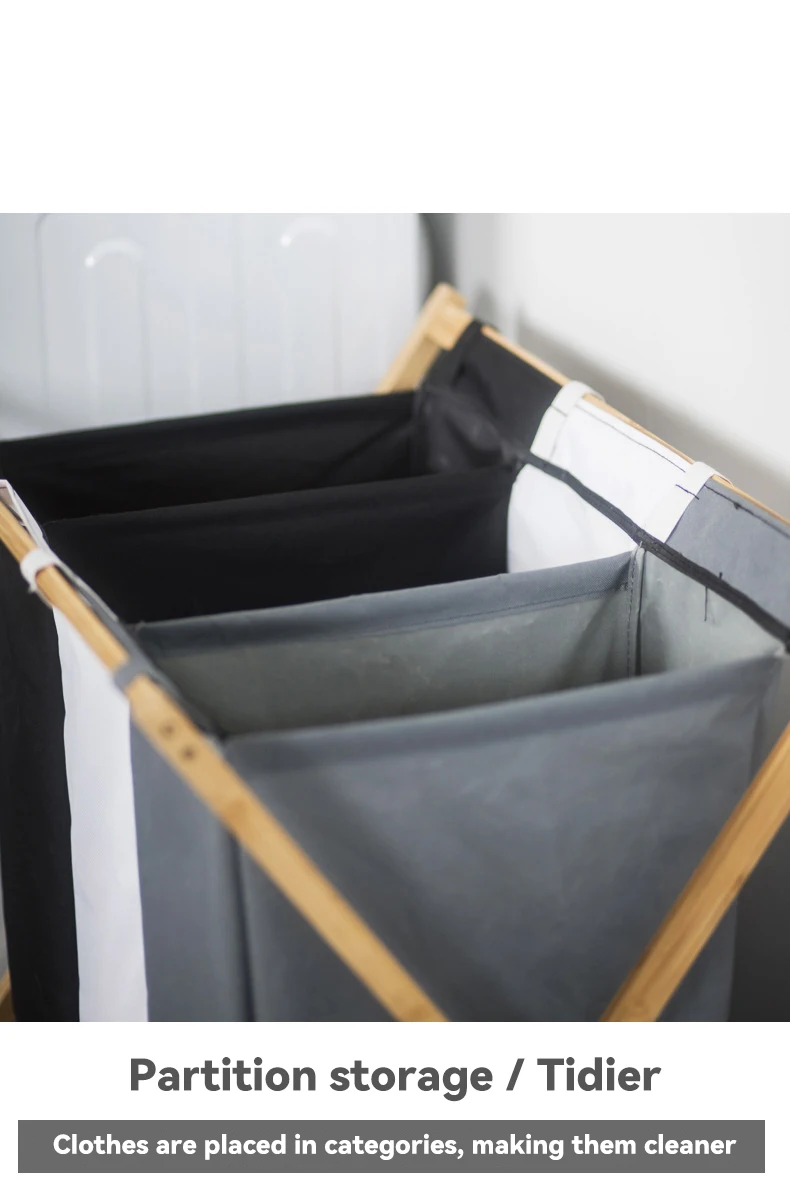 Hot selling Bamboo 3 Compartments Storage Laundry Hamper Basket Foldable Laundry Basket for Bedroom Bathroom
