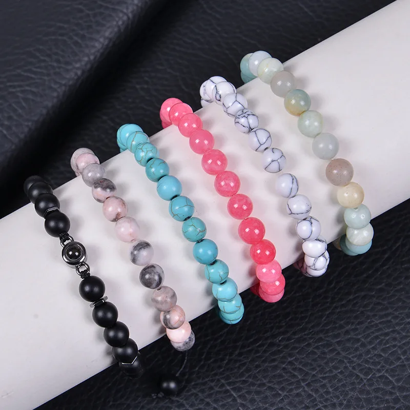 100 Languages I Love You Projection Natural Stones Couple Bracelet Set Matte Stone Bangle