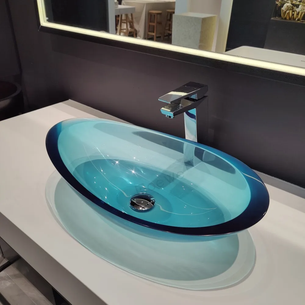 crystal transparent bathroom sinks, blue color resin basin counter top translucent clear wash basins