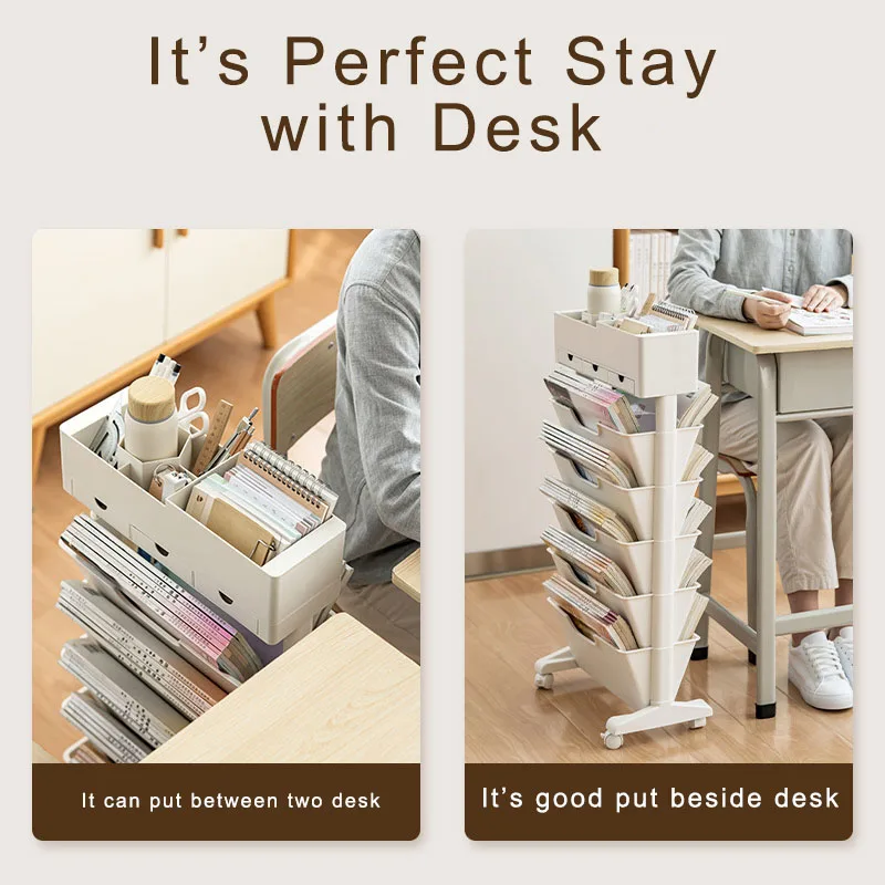 Plastic Movable Storage Rack Bookshelf Stationery Organizer with Wheels for Students
