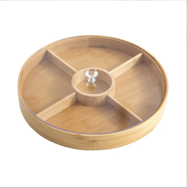 Chinese style round compartment snack dried fruit storage and classification wooden tray