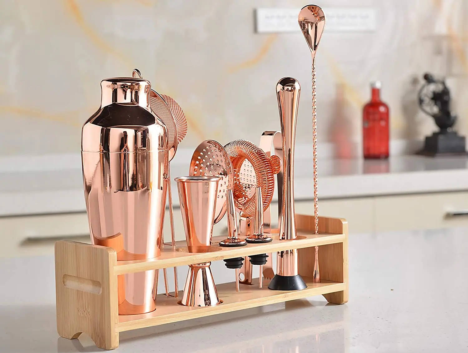 Martini Bartender Kit Copper Coated Set with Bamboo Stand 19 oz Parisian Gold Cocktail Shaker with Bar Accessories