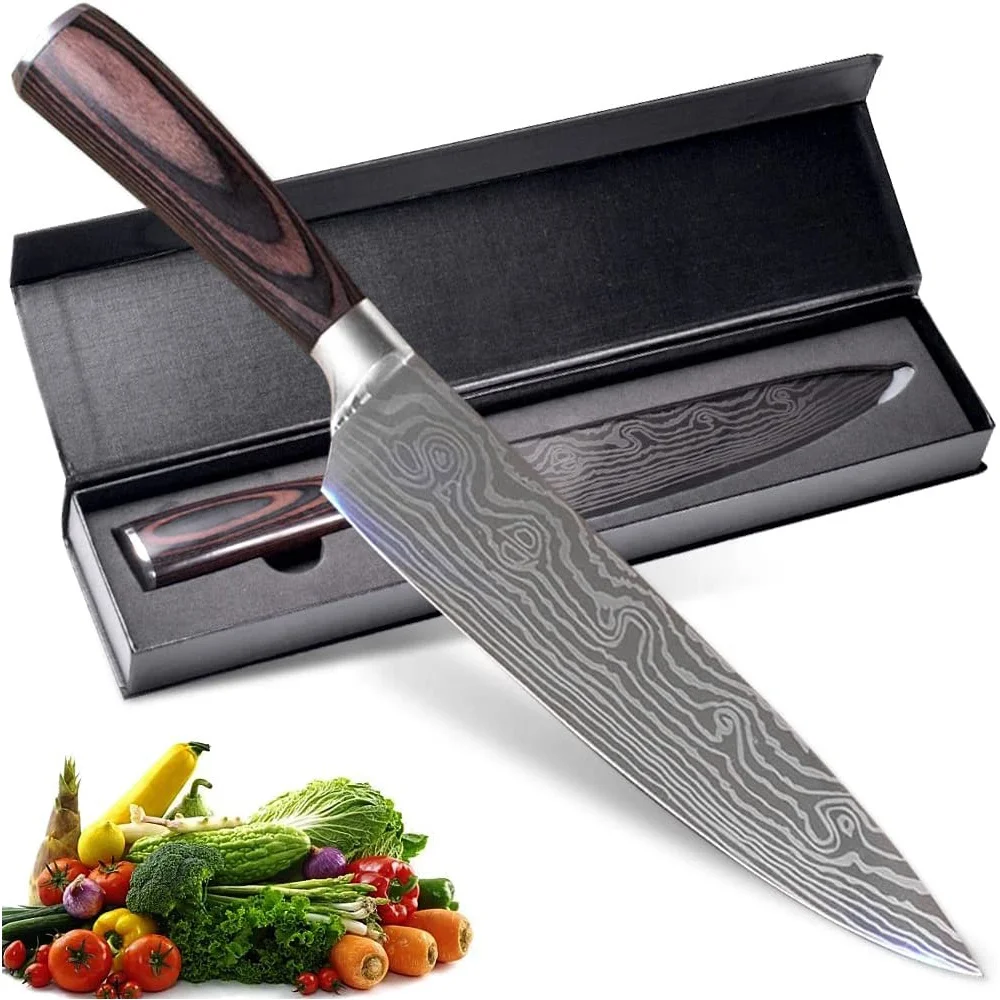 Hot Sale Stainless Steel Kitchen Knife Professional 8inch Chef Knife with Damascus Laser Pattern