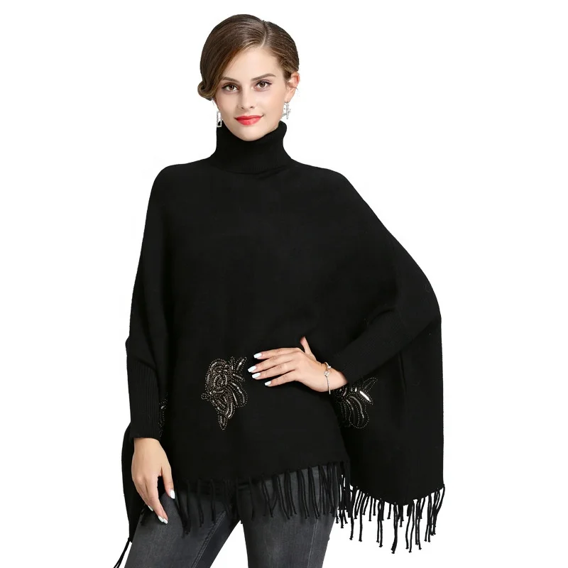 2021 осеннее вязаное пончо черного и красного цвета с высоким воротом и длинными рукавами «летучая мышь» в Корейском стиле, свитер для женщин с бусинами и цветами, пуловеры