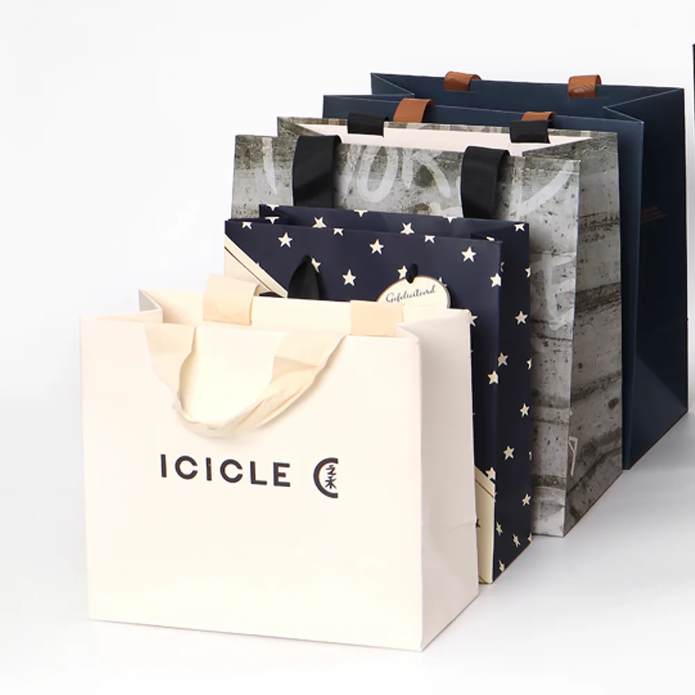 White Small Birthday Party Paper Kraft Shopping Candy Gift Bag Blue Custom Paper Kraft  Handle Bag Clothes Packaging With Logo