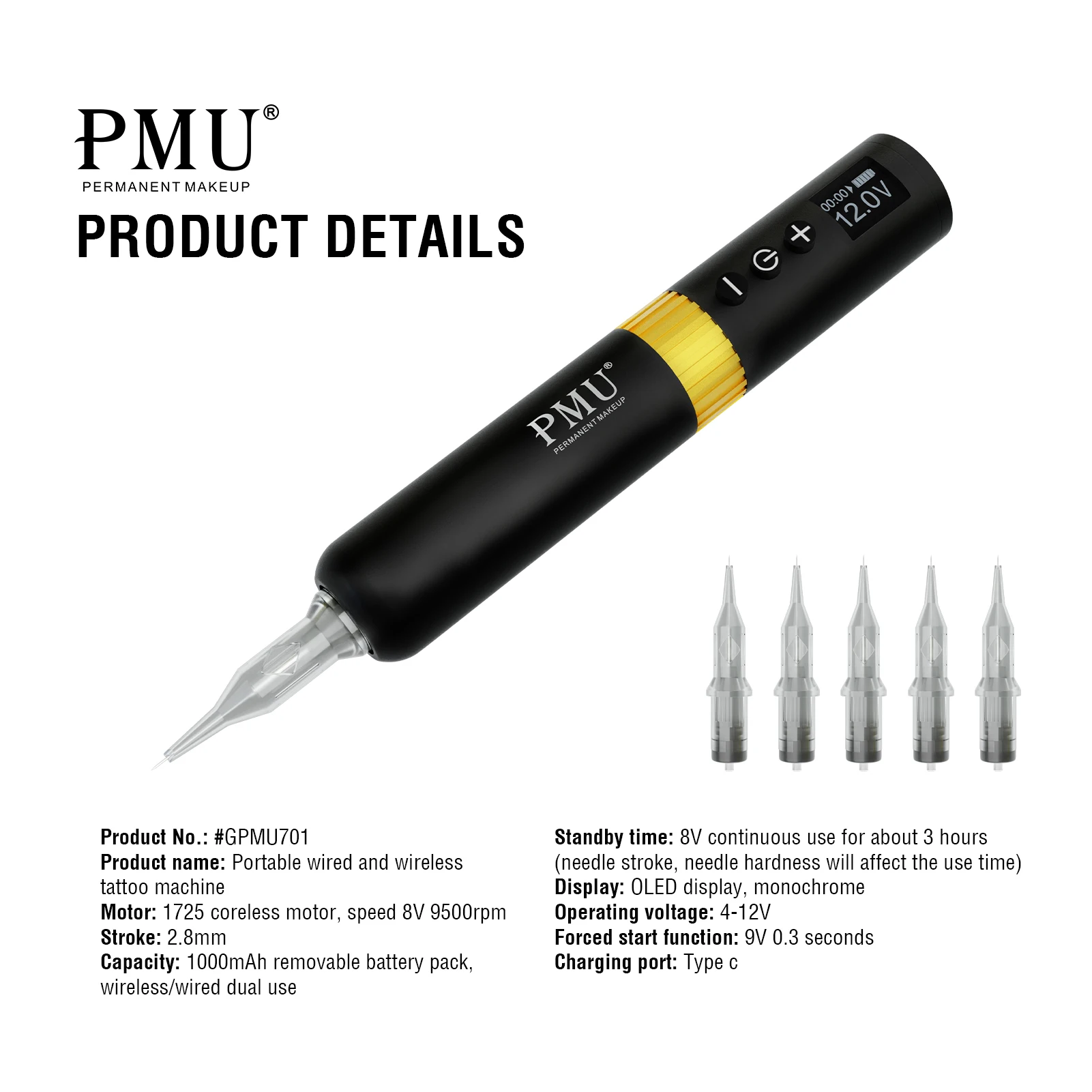 Super Quality Black Gold 701 Model PMU Rotary Tattoo Machine Wireless Permanent Makeup