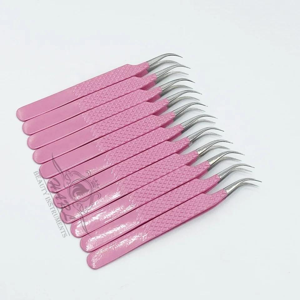 Baby Pink Diamond Grip Curved shape tweezers for eyelash extension volume tweezers fiber tip tweezers lash accessories