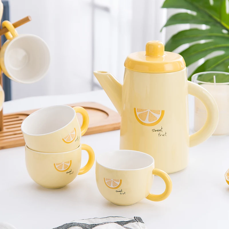 Flypeak Nordic 6 cups ceramic teapot set mug luxury porcelain teapot ceramic teapot and cup sets with Wooden frame