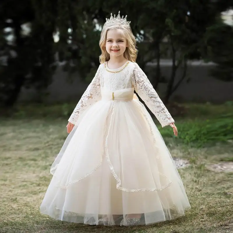 Baby Boutique Prom Dress Full-length Long Lace Sleeve Children Wedding Ball Gown