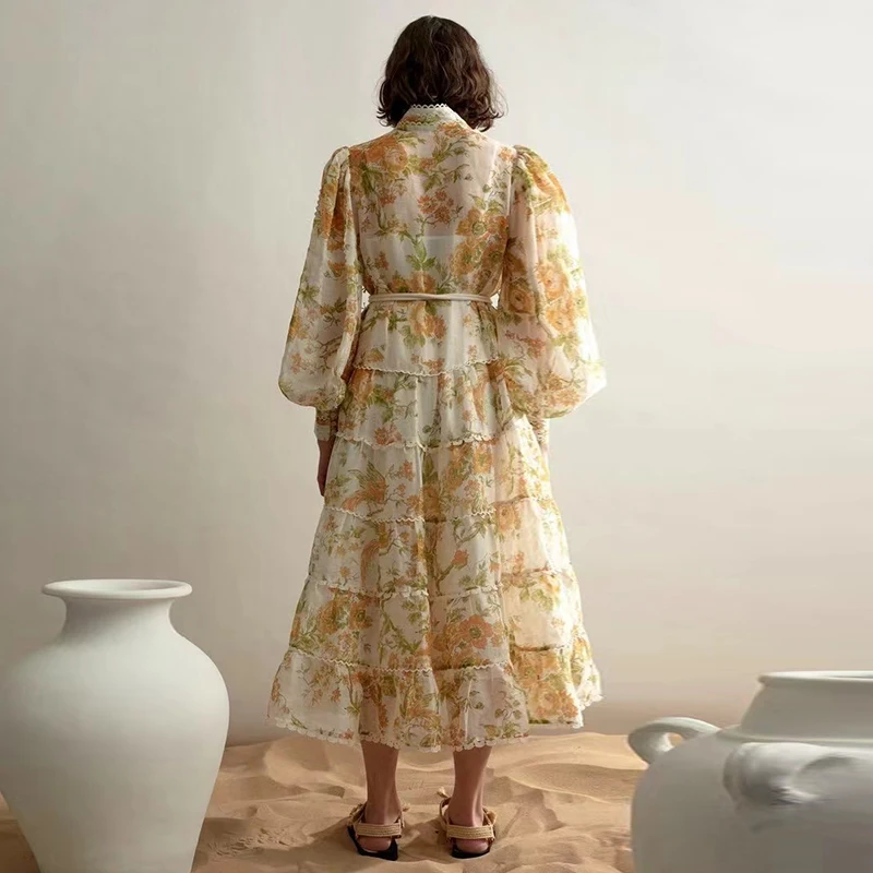 CHICEVER Stand Collar Single Breasted Long Sleeve Lace Up Gathered Waist Fold Hem Dress